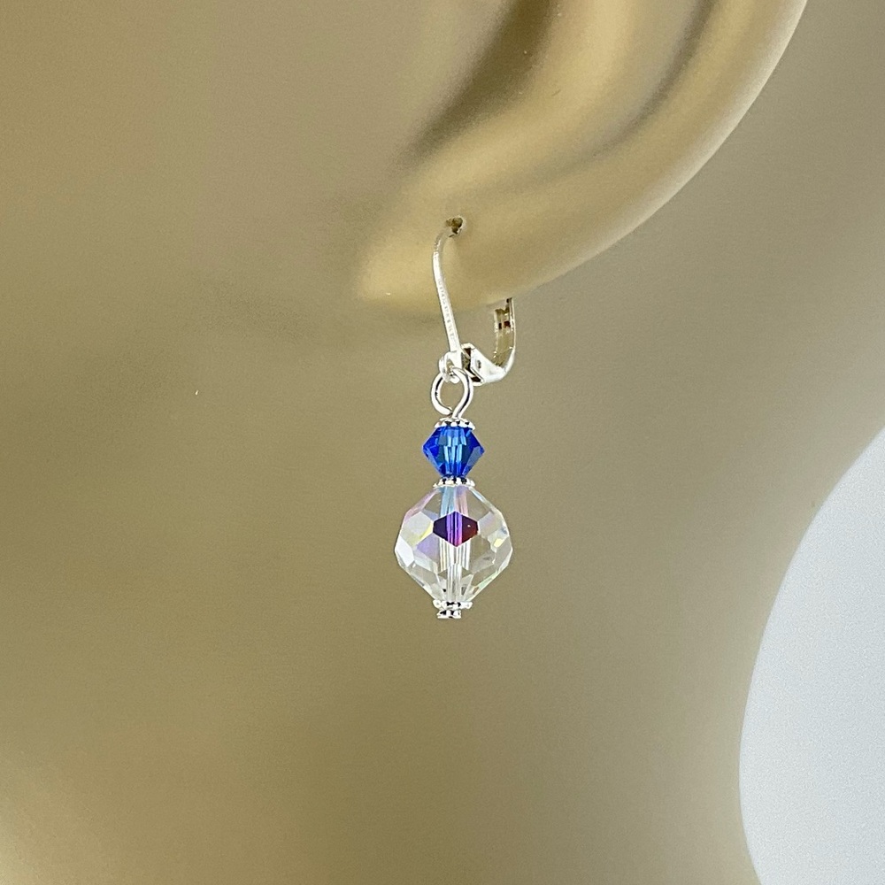 Clear & Blue Crystal Earrings, Handmade, Vtg Aurora Borealis & New Swarovski